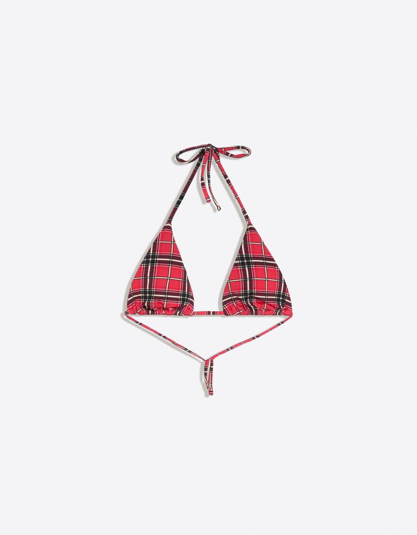 Gingham triangle bikini top-Red