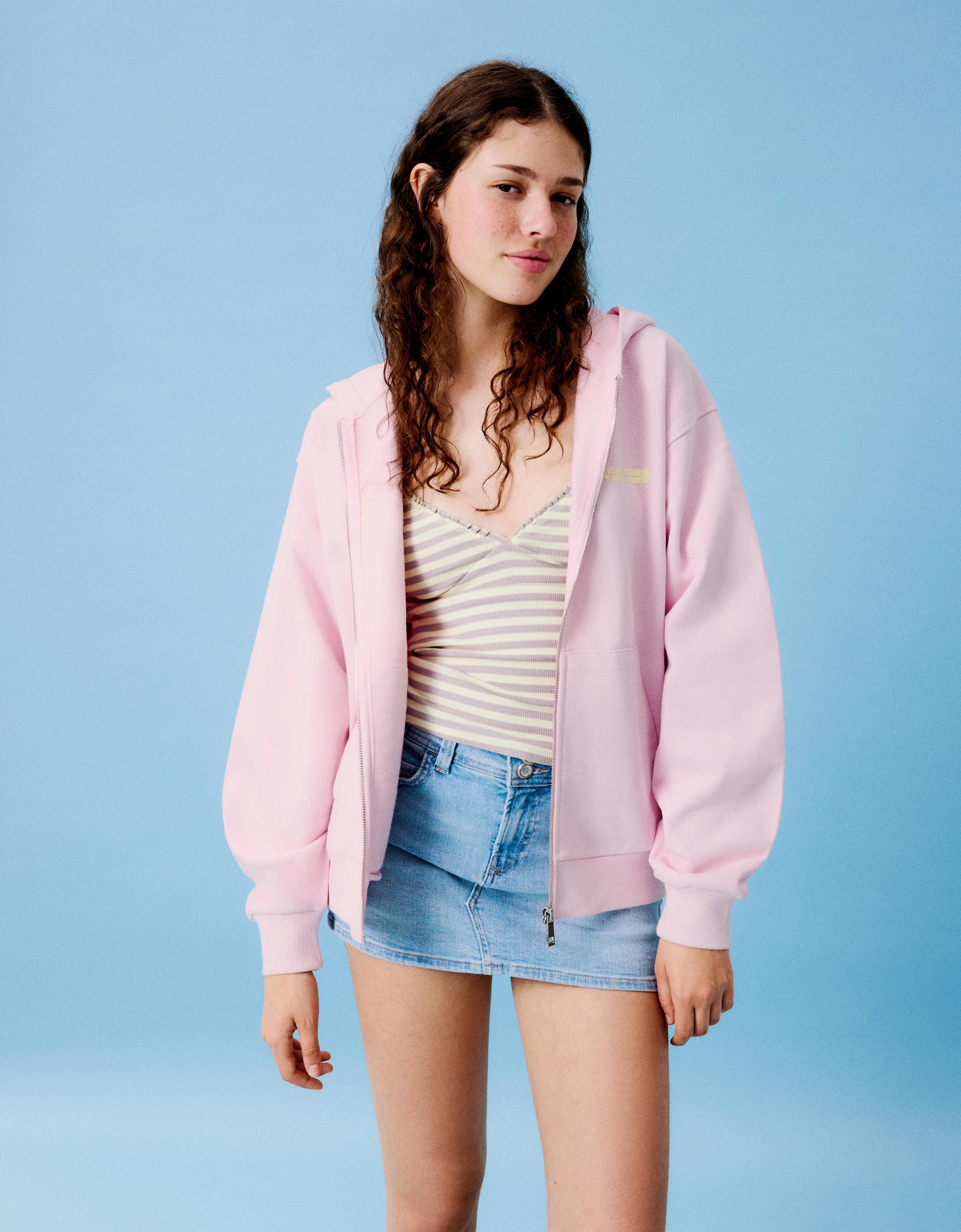 Oversize zip-up hoody with print — Pink