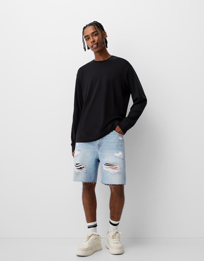 Bermuda denim slim rotos-Azul lavado-0