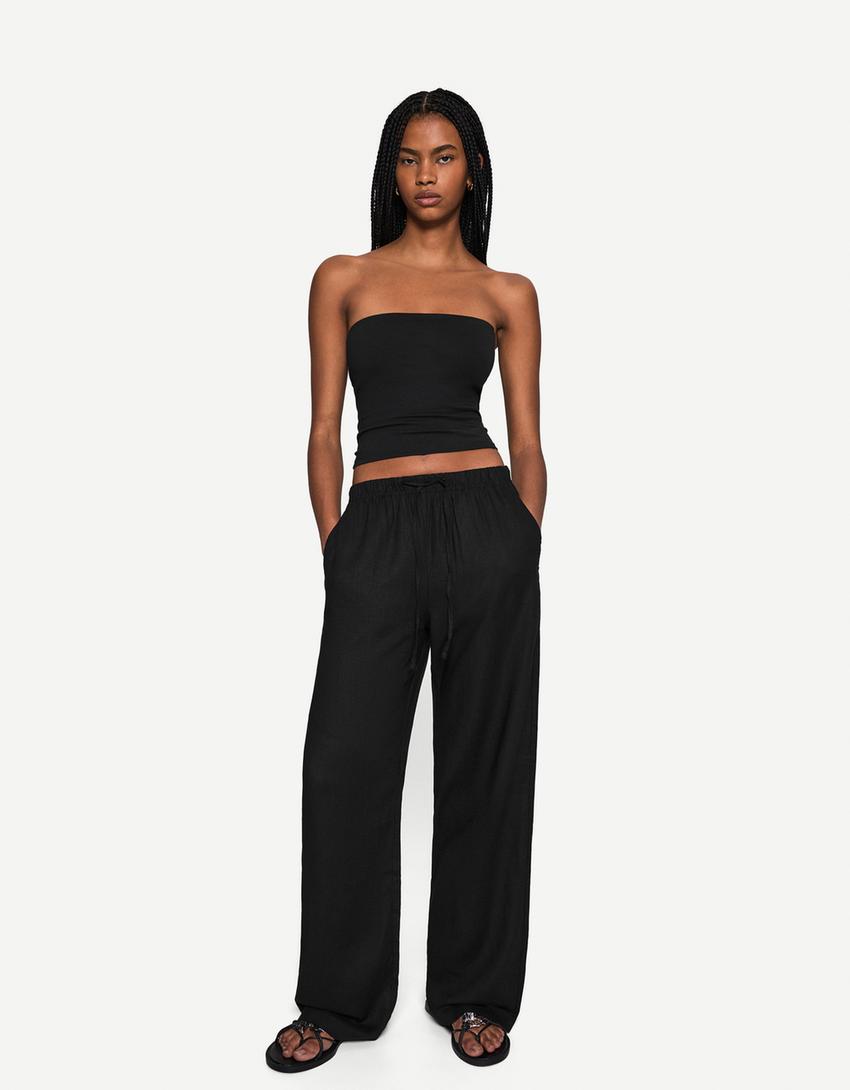 Pantalon lin taille élastique-Noir-0