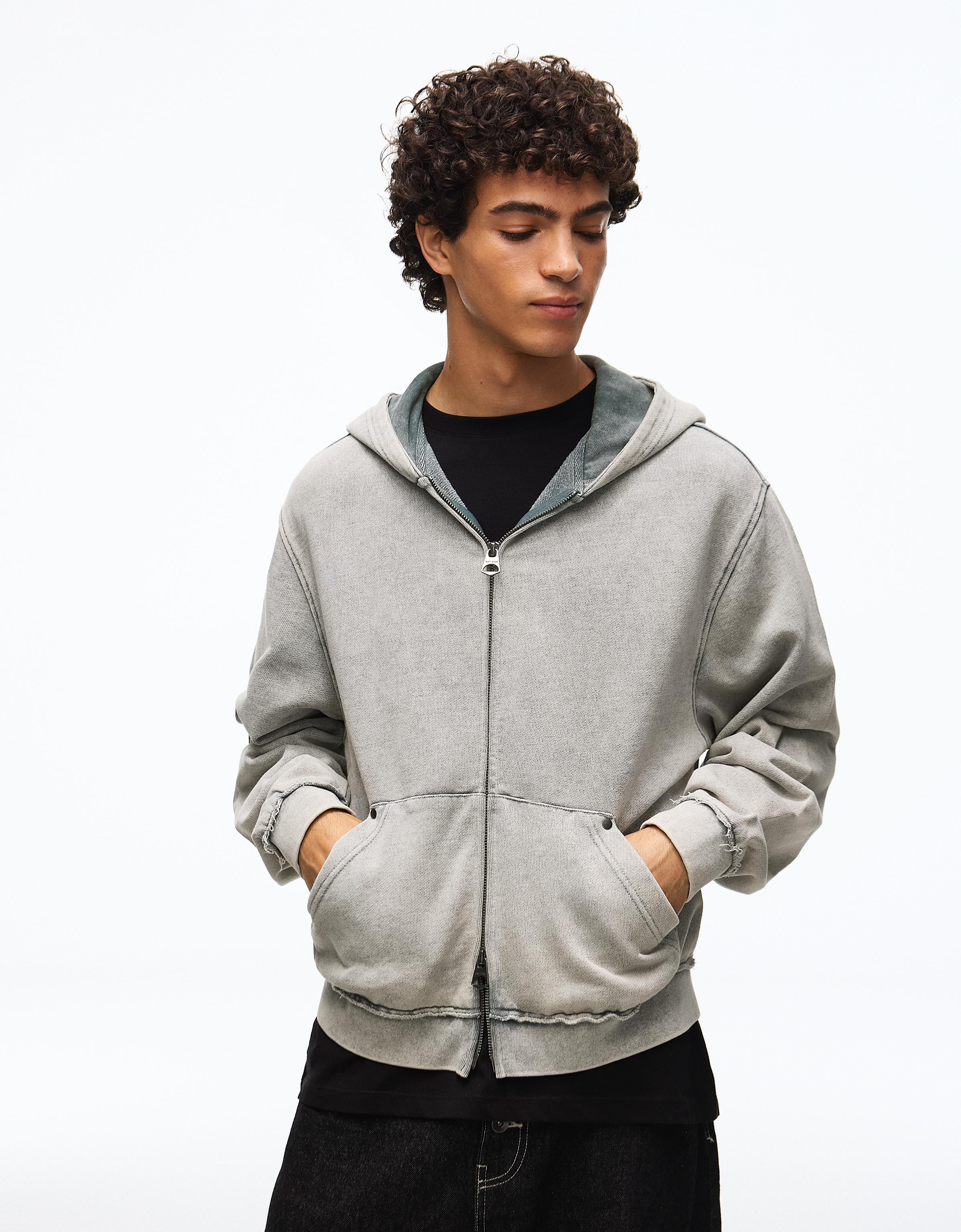 Bershka Sudadera Capucha Cremallera Tachas Hombre Gris