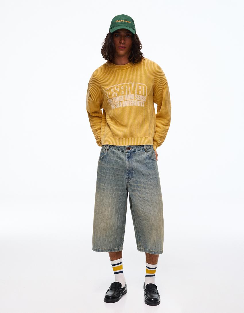 Calções bermuda denim super baggy fit-Azul lavado