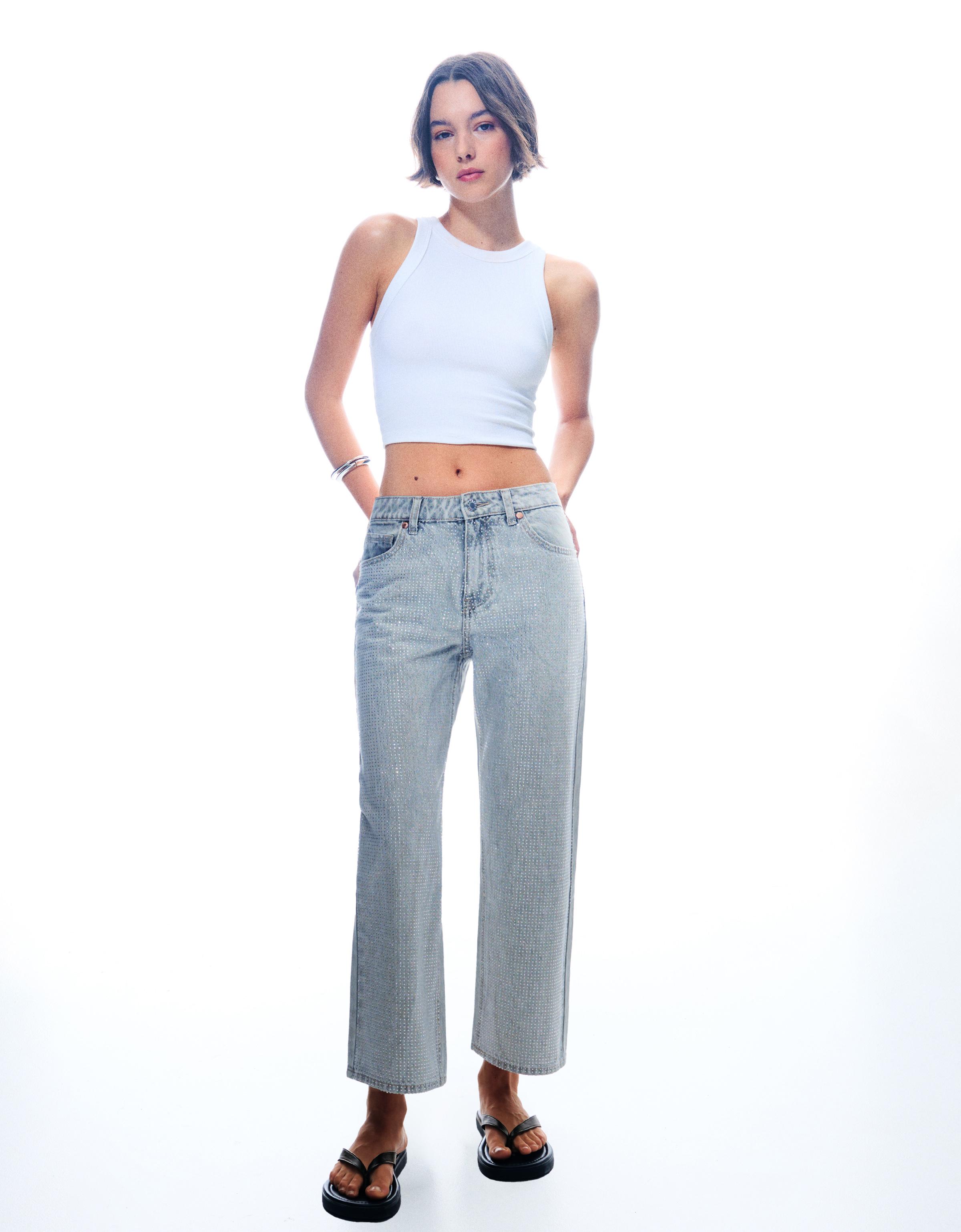 Bershka Glänzende Cropped-Jeans Im Straight-Fit Damen 36 Grau