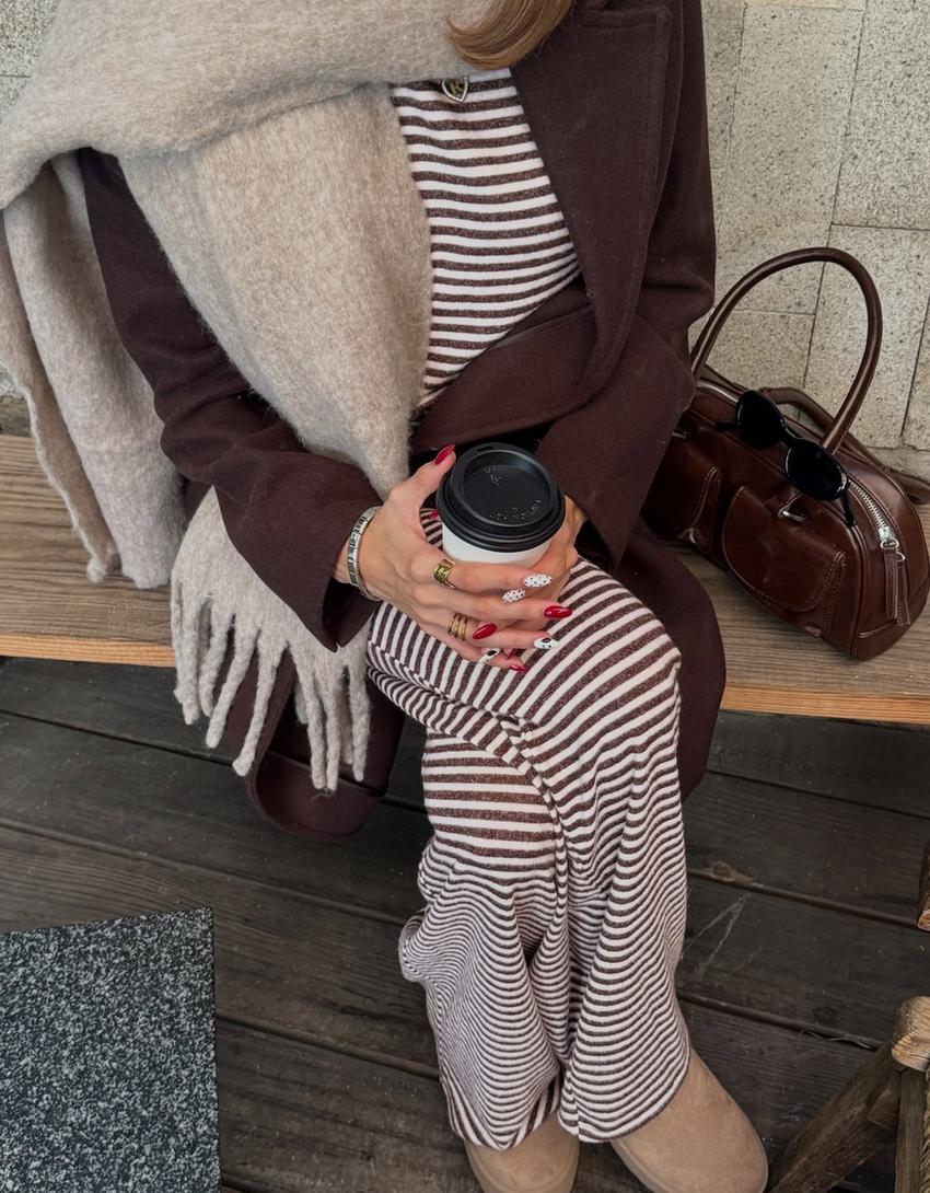 Striped knit wide-leg trousers-Brown