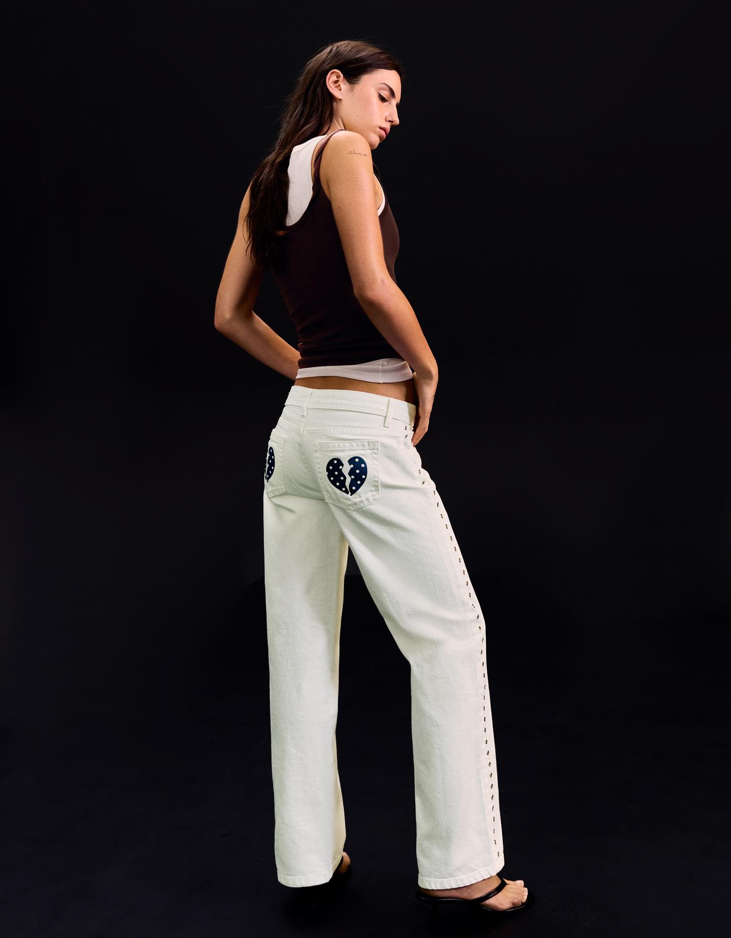 Bershka Jeans Baggy Vita Bassa Borchie Donna 36 (Eu 32) Avorio