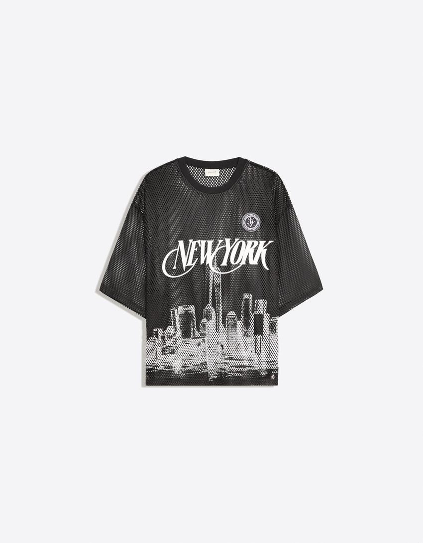 Camiseta manga corta mesh print-Negro
