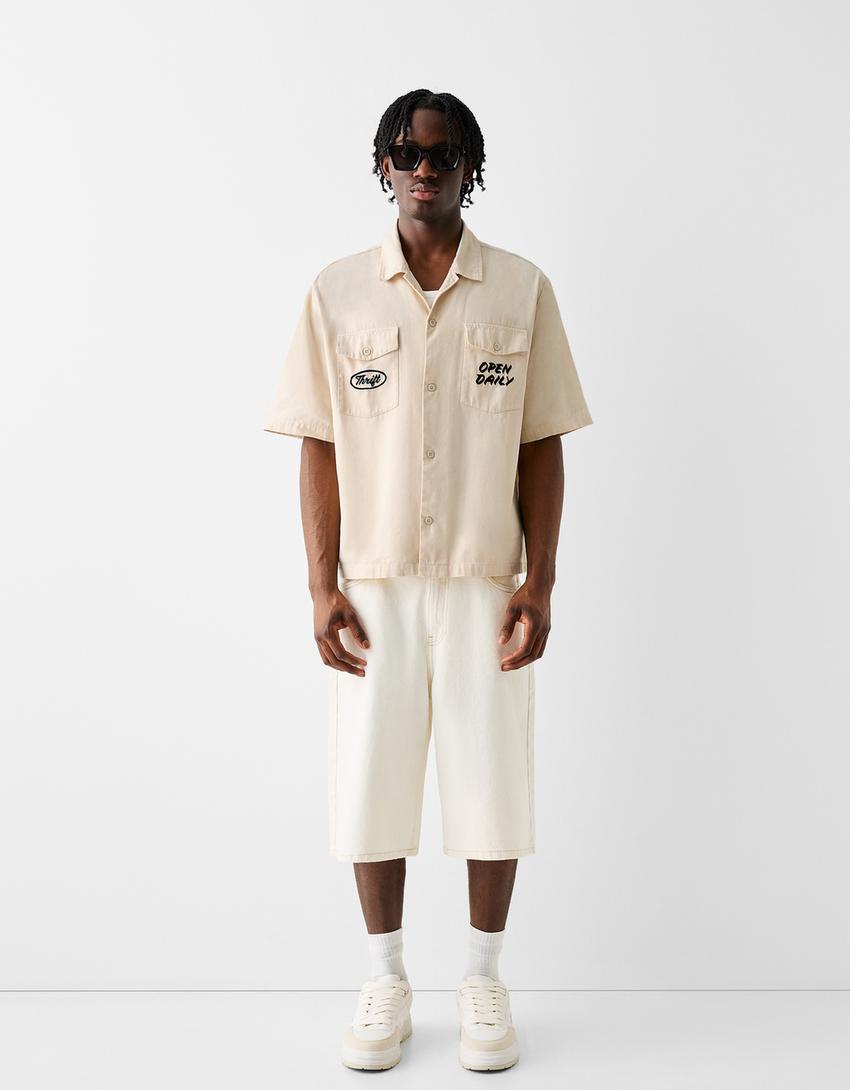 Chemise manches courtes boutons broderie-Sable-3