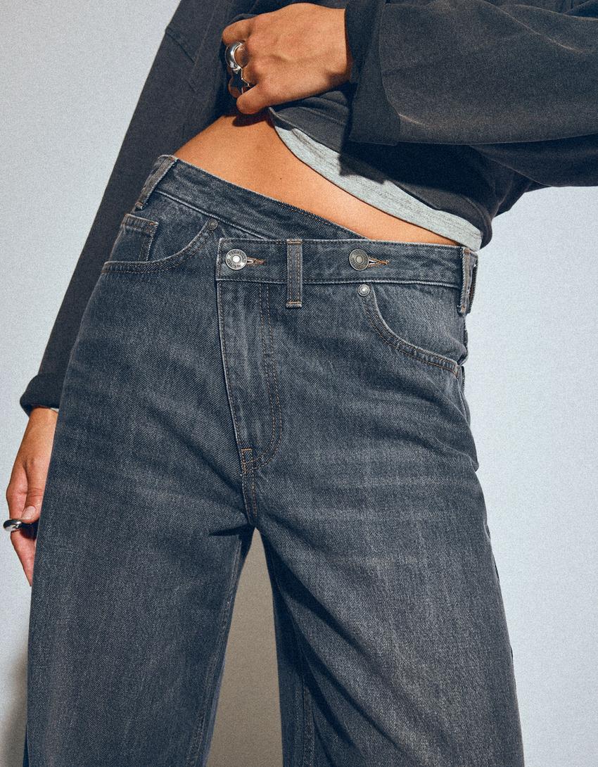 Wide-leg jeans with crossover waist-Blue