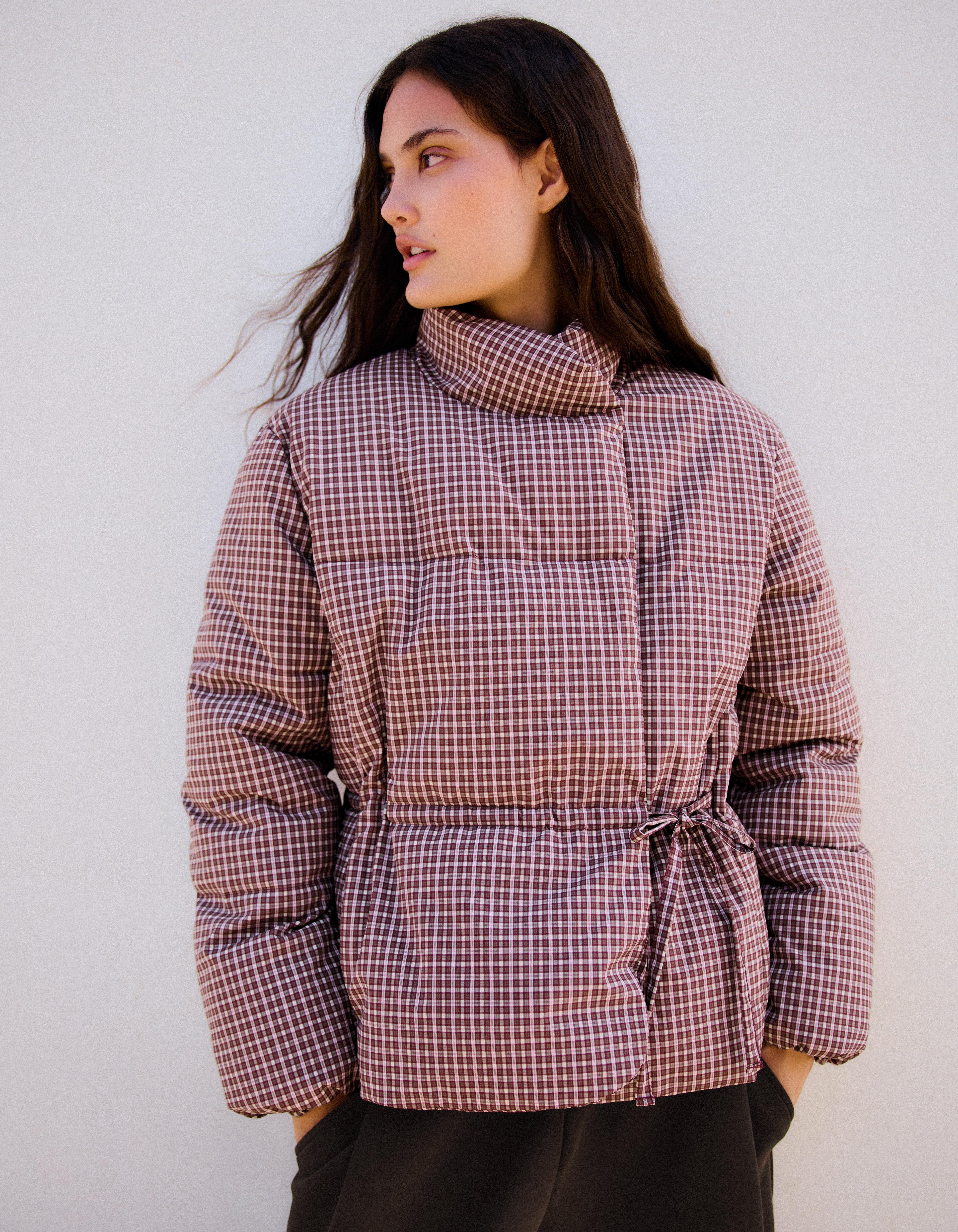 Bershka Kurtka Pikowana Oversize Krata Dwurzędowa Kobieta Bordowy