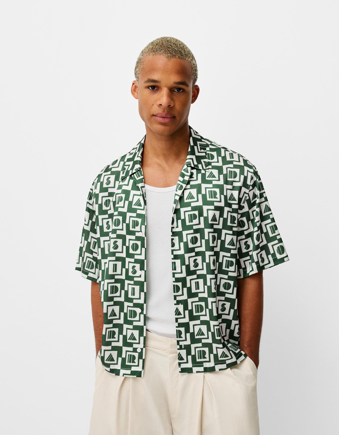 Bershka Camicia Bershka X Paradiso Maniche Corte Jacquard Uomo M Verde