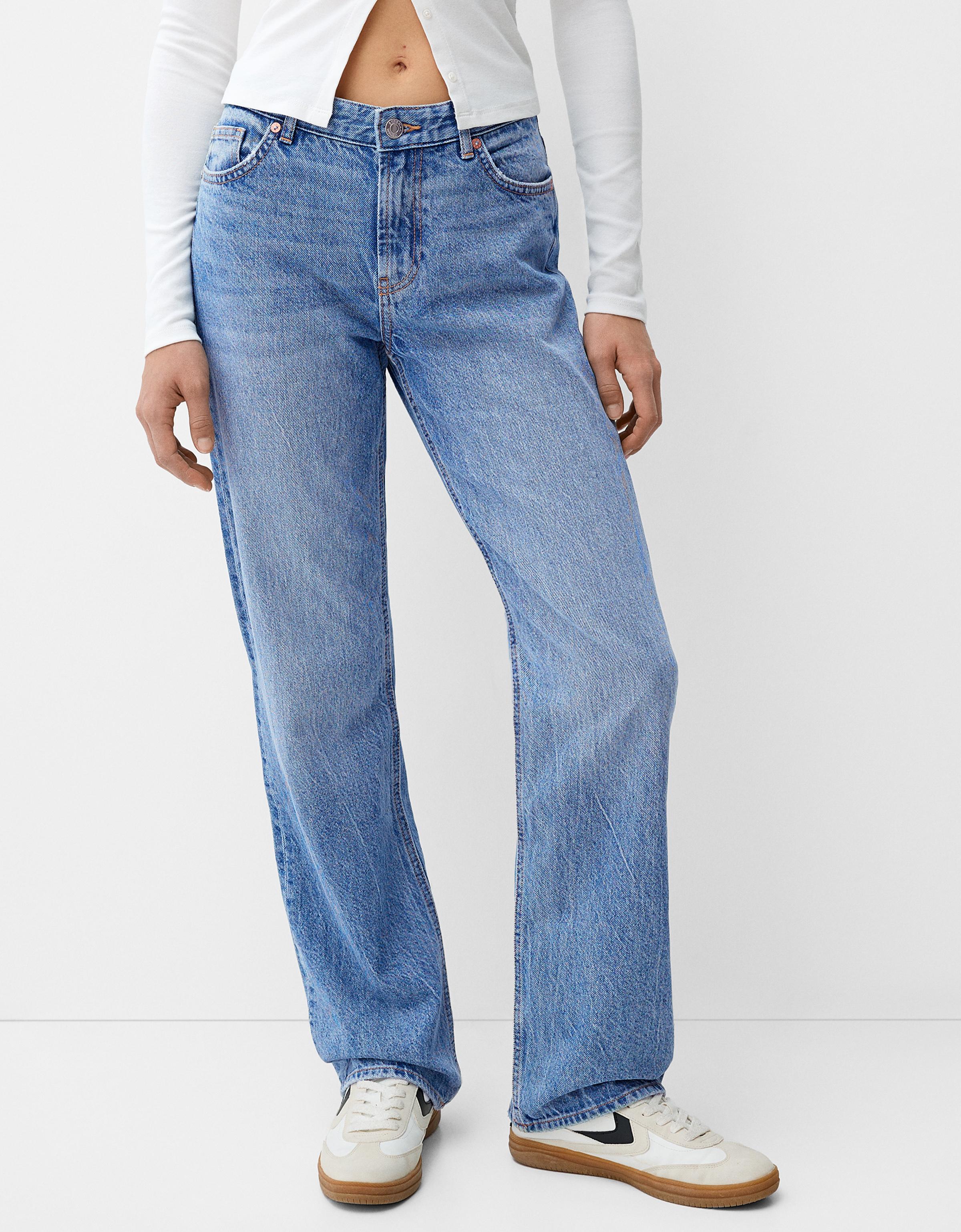 Bershka Straight Fit Jeans Damen 44 Ausgewaschenes Blau