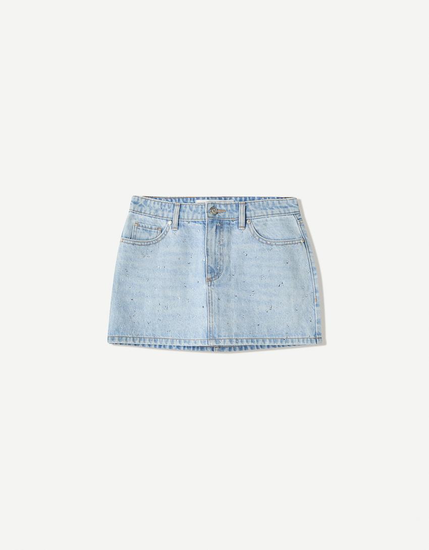 Lårkort nederdel i denim med glimmer-Lyseblå-4