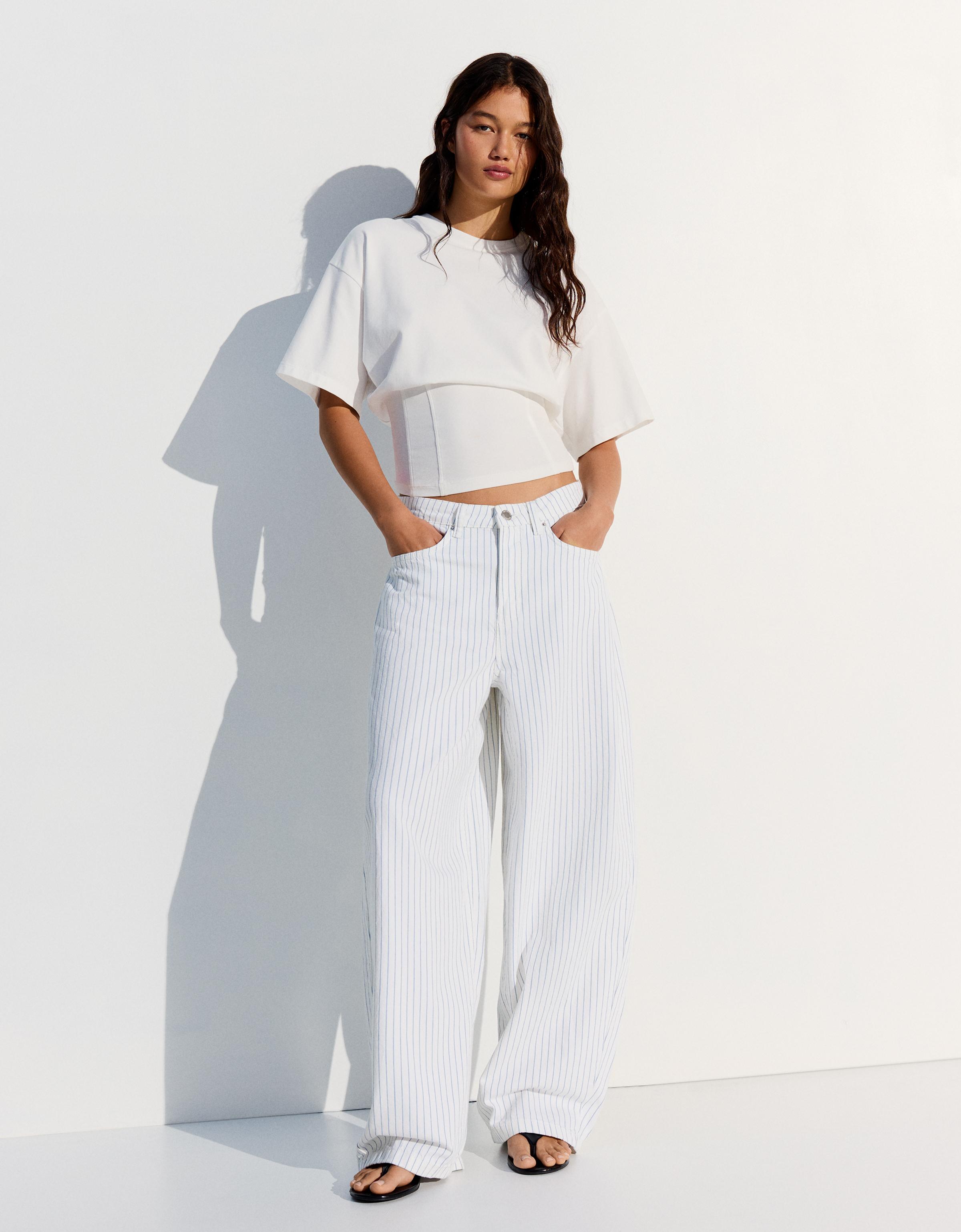 Pantalón Balloon Rayas Mujer 36 Blanco Roto