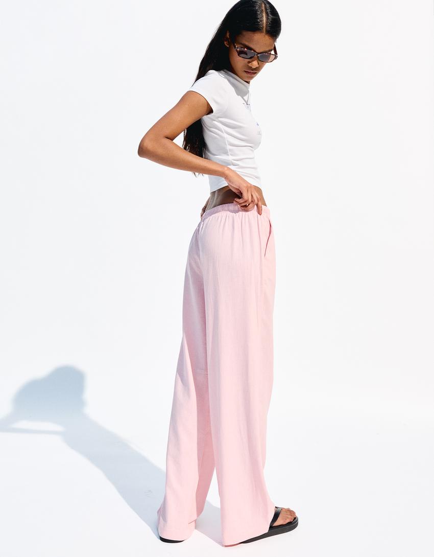 Linen blend trousers with an elasticated waistband-Pink
