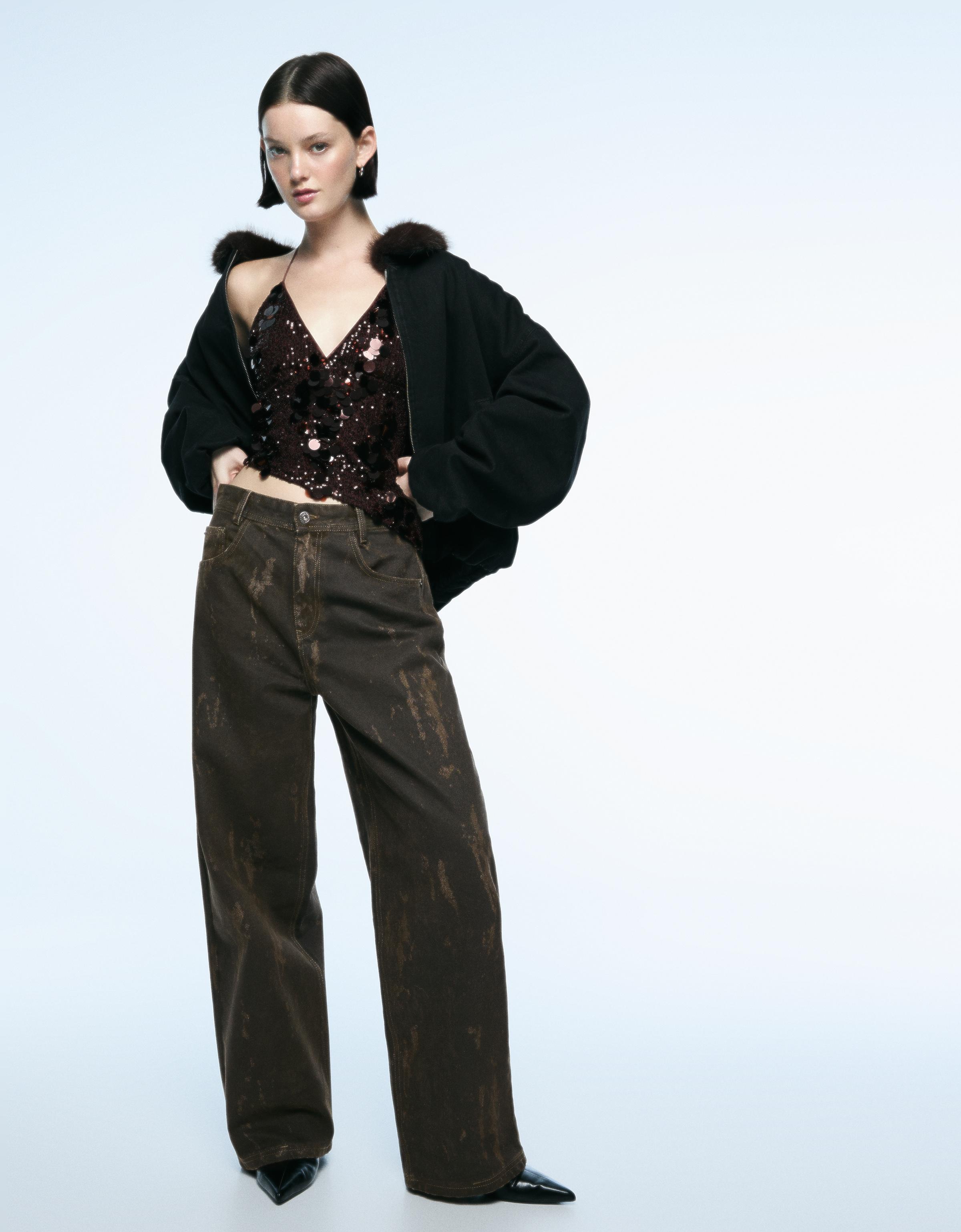 Bershka Baggy-Hose Mit Print Damen 36 Khaki