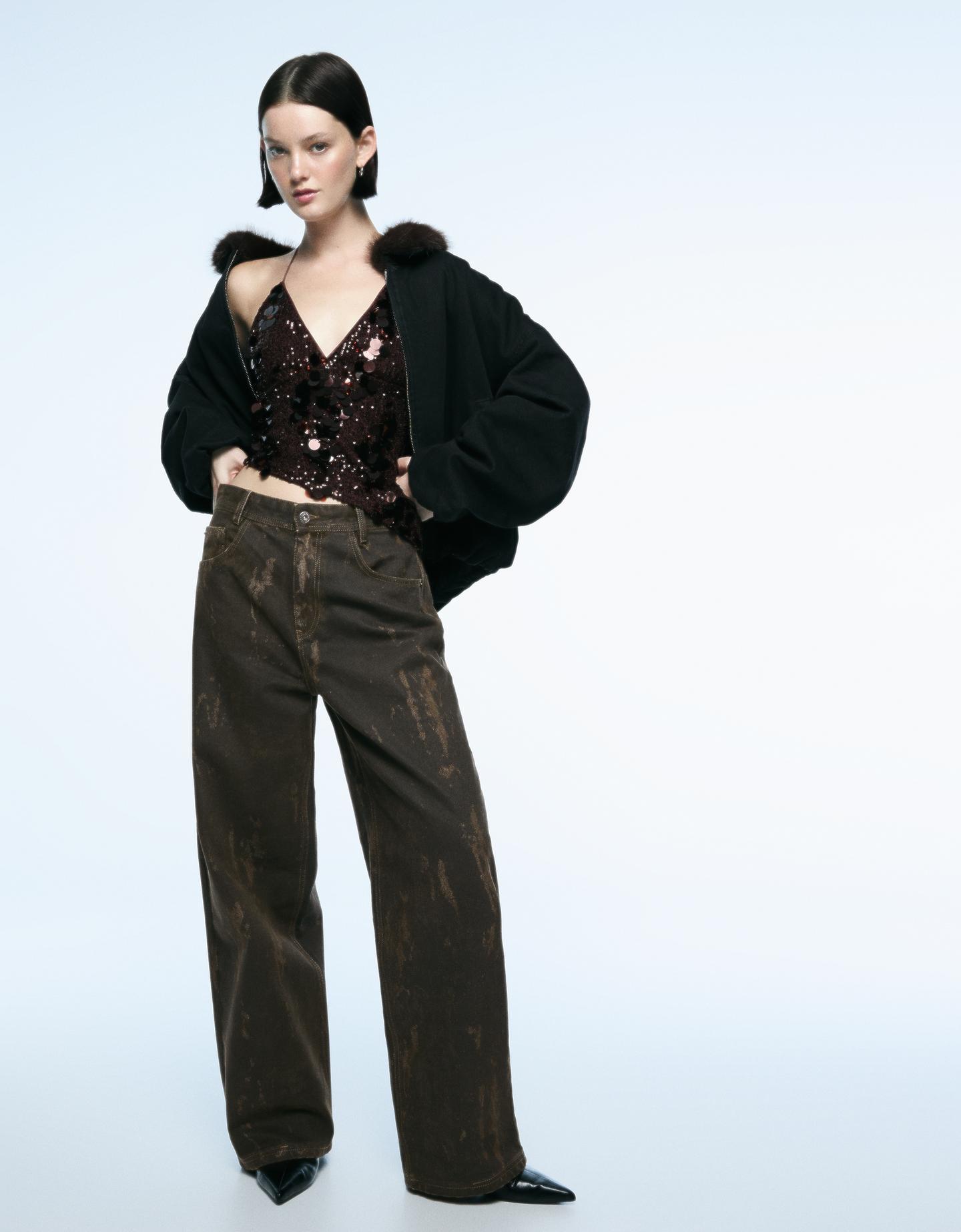 Bershka Pantaloni Baggy Fit Stampati Donna 46 Kaki