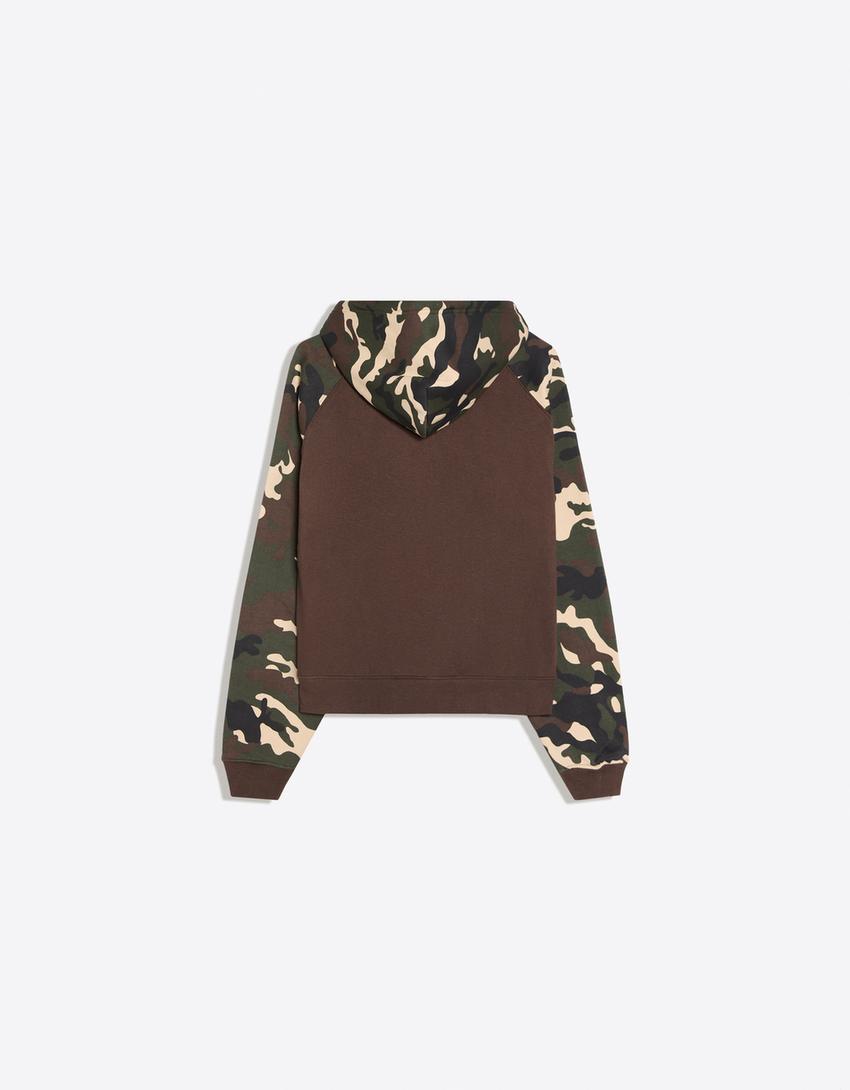 Felpa cappuccio raglan stampa-Kaki