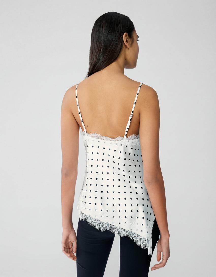 Asymmetric satin strappy top-White / Black