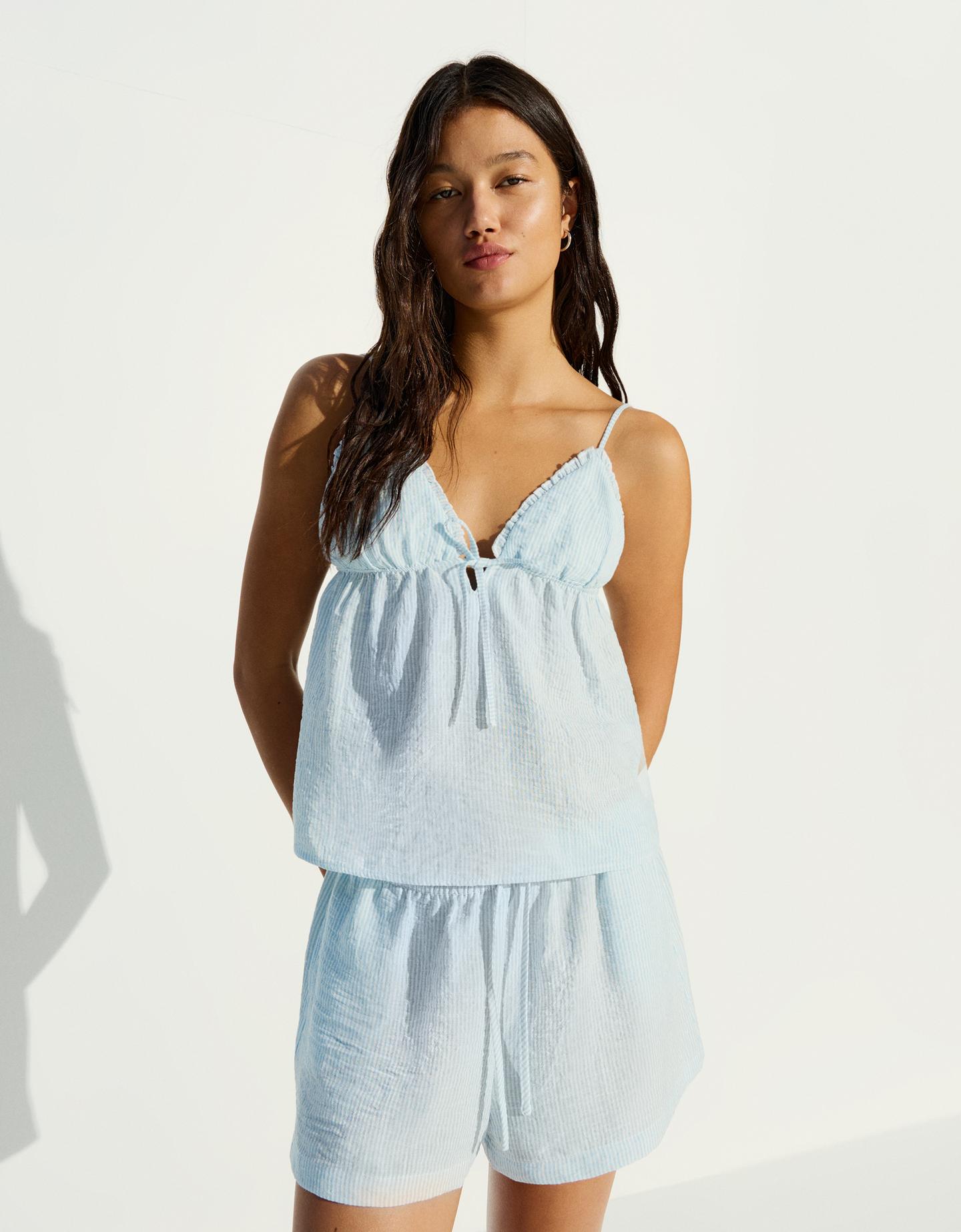 Bershka Short Misto Lino Vita Elasticizzata Donna Xl Azzurro