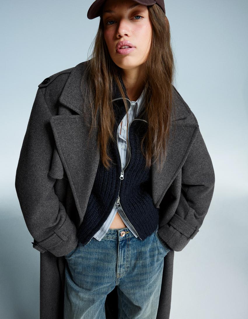 Oversize felt texture trench coat-Cinza