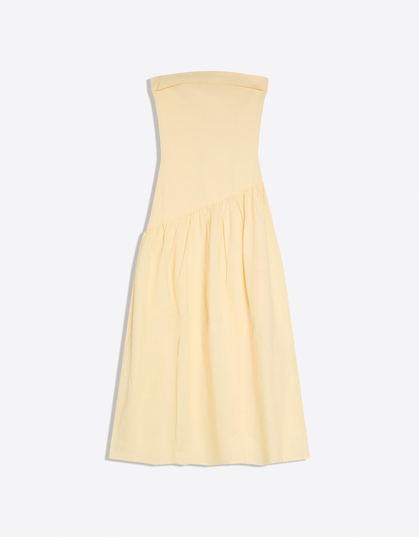 فستان ميدي بدون حمالات-أصفر