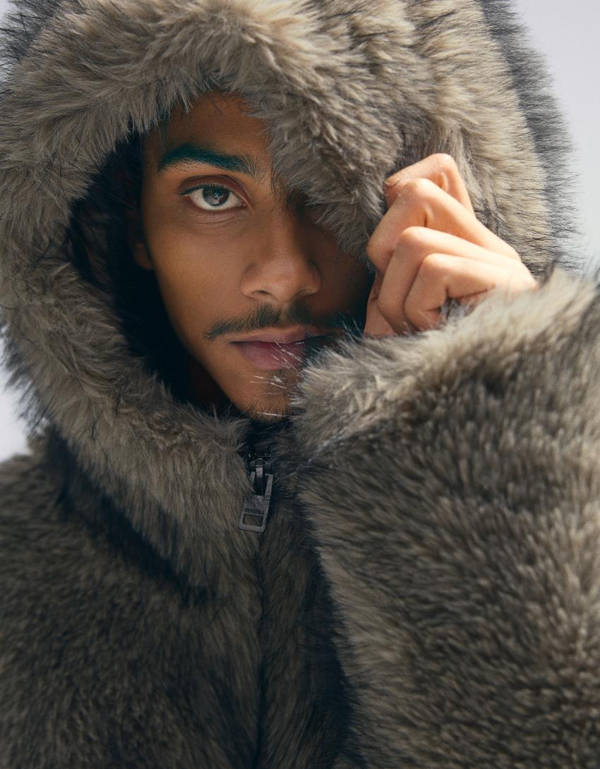 Hooded faux fur jacket-Grey