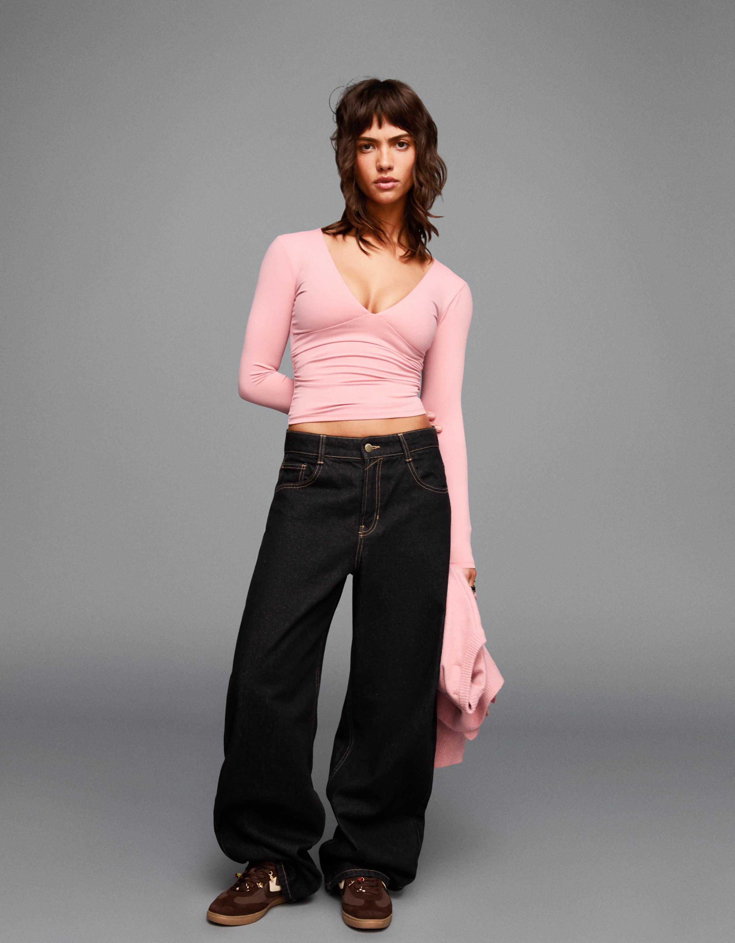 Bershka Langarmshirt Mit Raffung Damen S Rosa