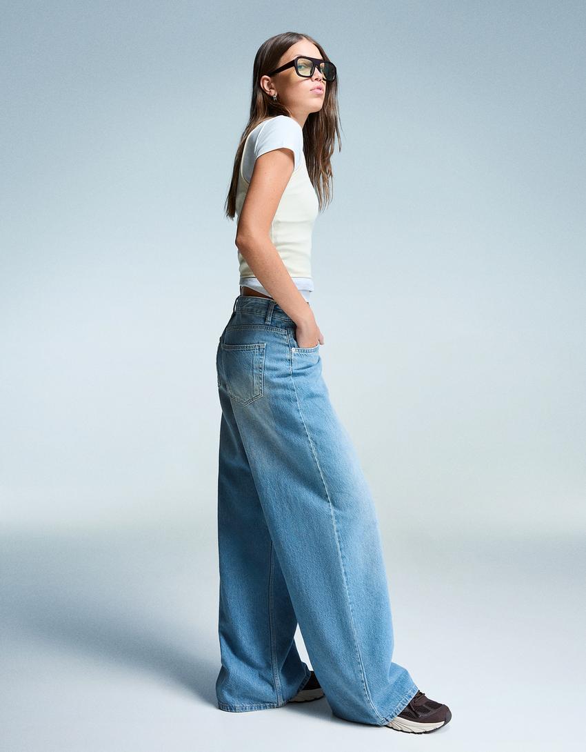 Jeans a gamba larga low waist-Azzurro Lavato-0