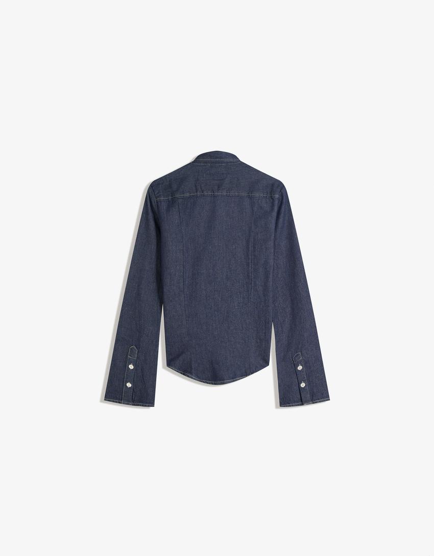 Kemeja denim lengan panjang-Navy