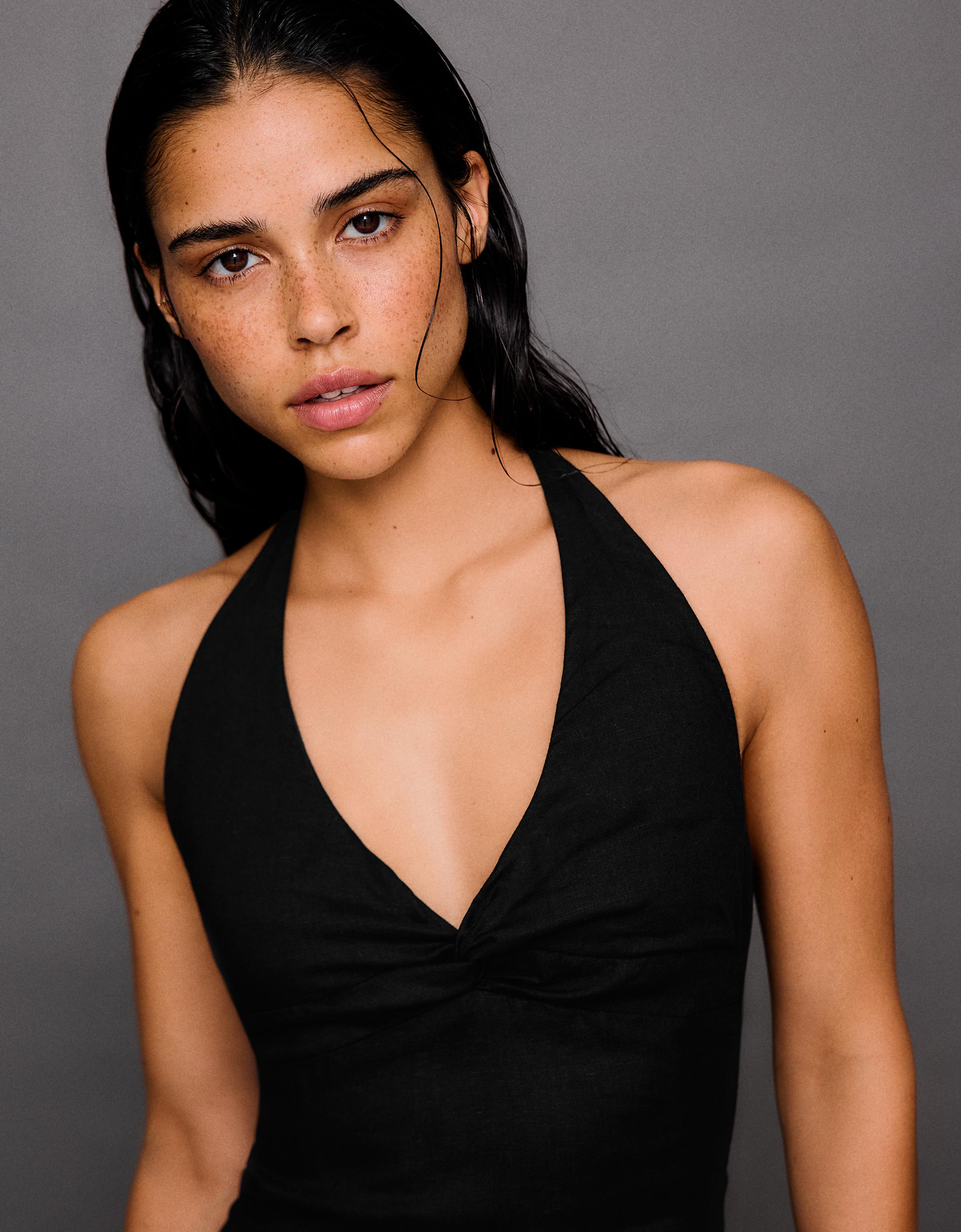 Halter midi dress with linen — Black
