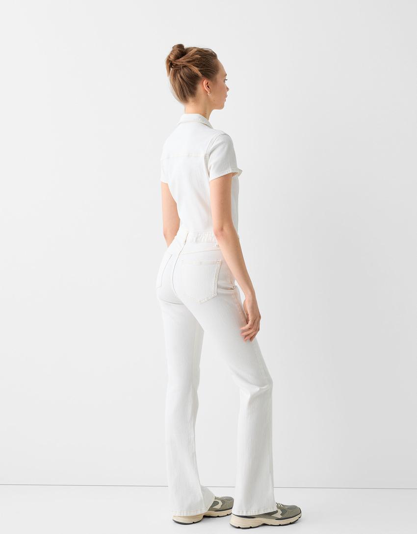 Short sleeve denim jumpsuit-Cream-2