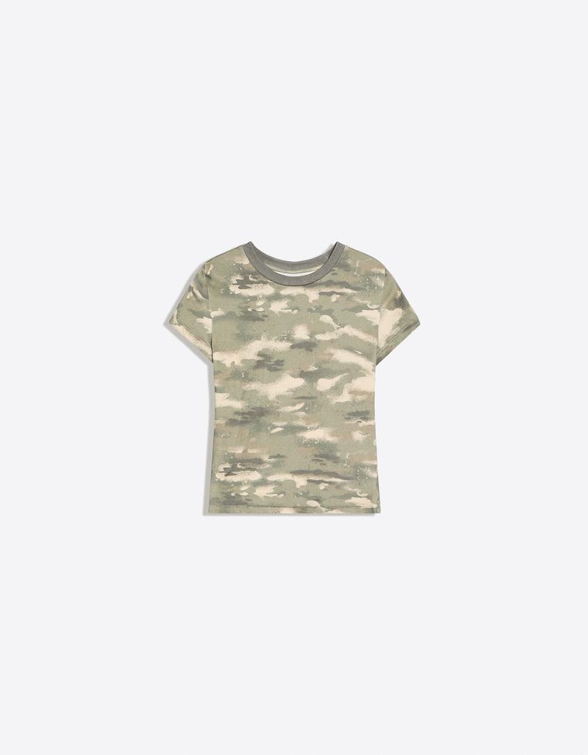 Fitted short sleeve camouflage T-shirt-Khaki