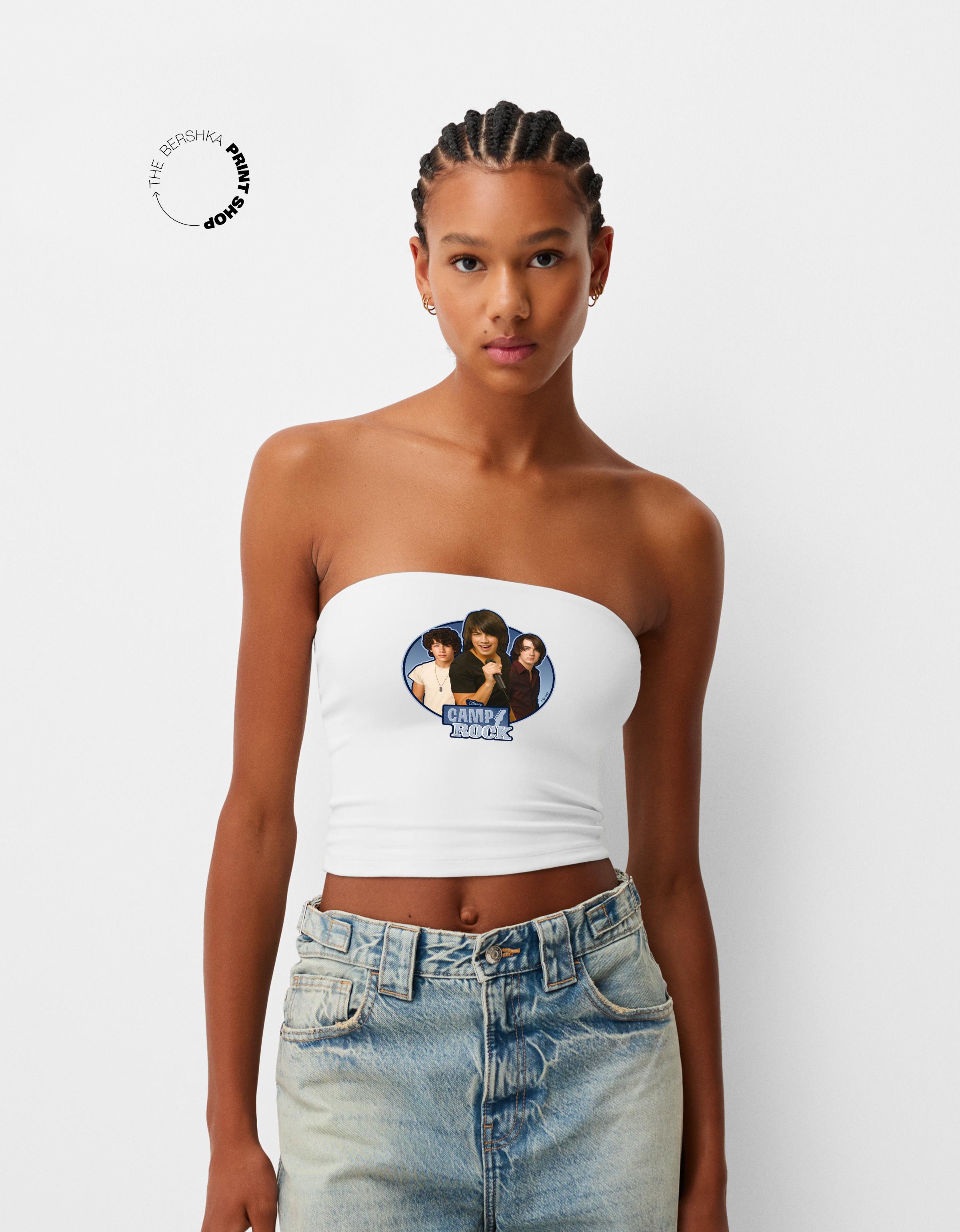 Bershka Bandeau-Top Camp Rock Damen Xs Weiss