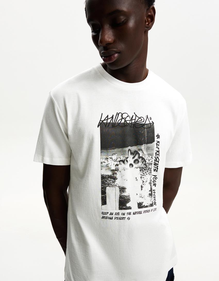 Tricou mânecă scurtă print-Alb-2