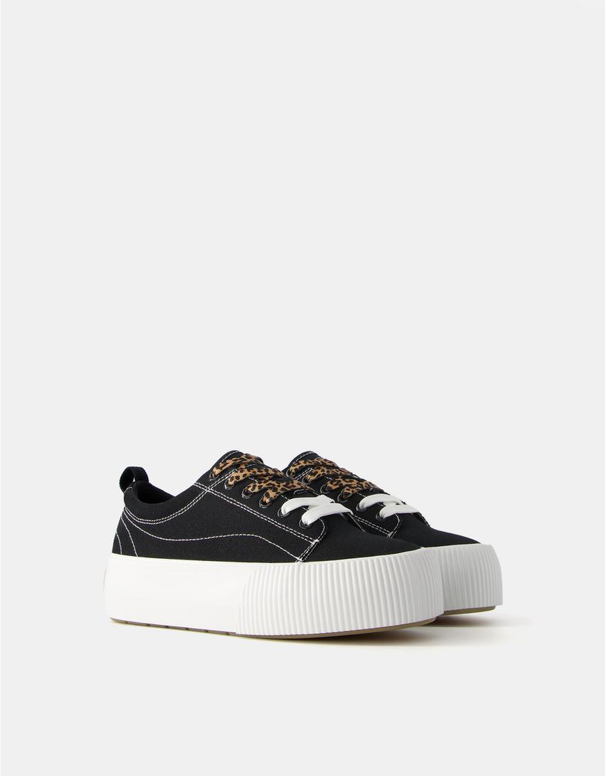 Fabric platform trainers with animal print details-BLACK-2