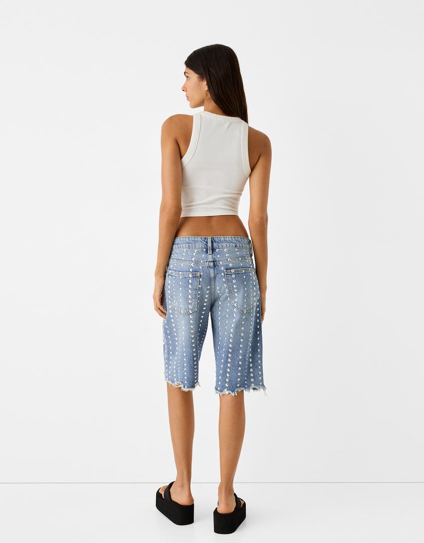 شورت برمودا دنيم بدبابيس معدنية-أزرق فاتح-2