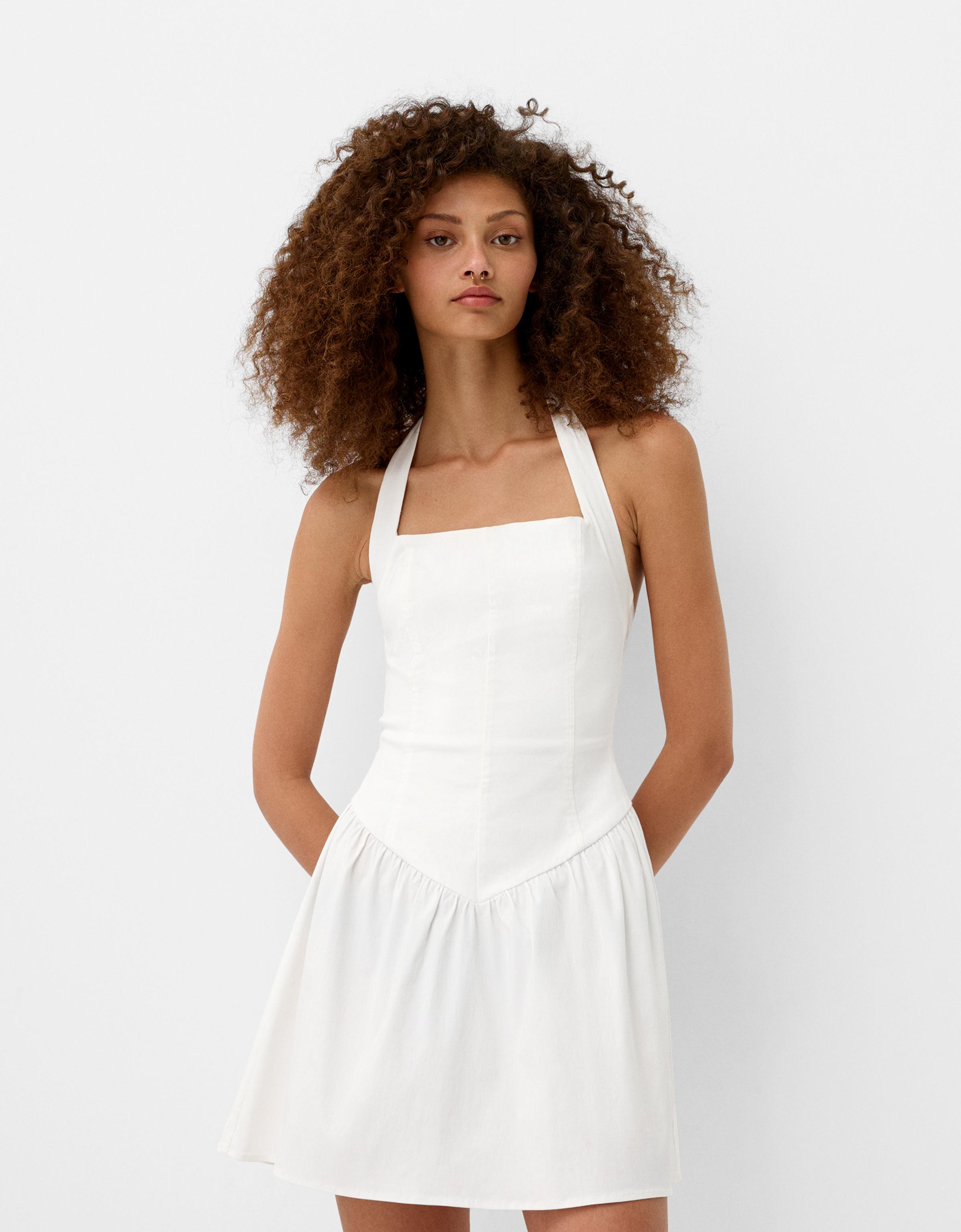 Bershka Weitschwingendes Minikleid Aus Bengaline Damen M Grbrochenes Weiss