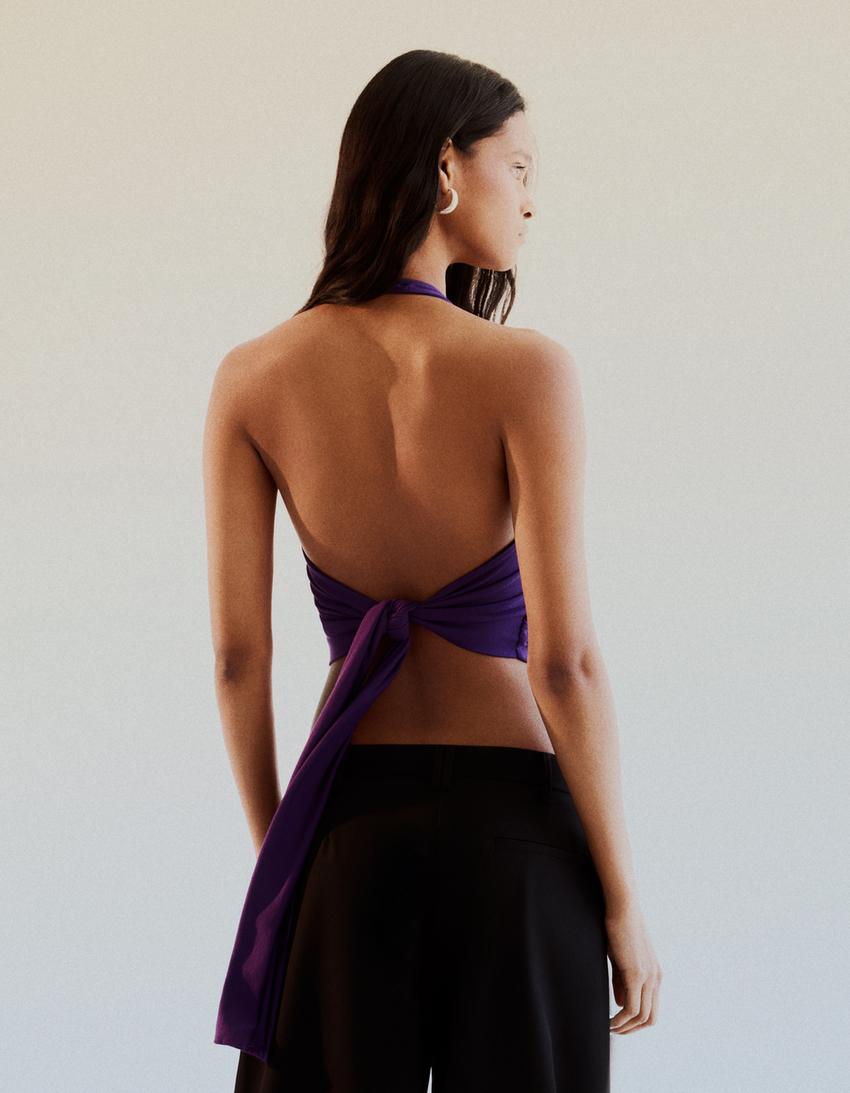 Top encolure américaine à nouer dans le dos-Violet