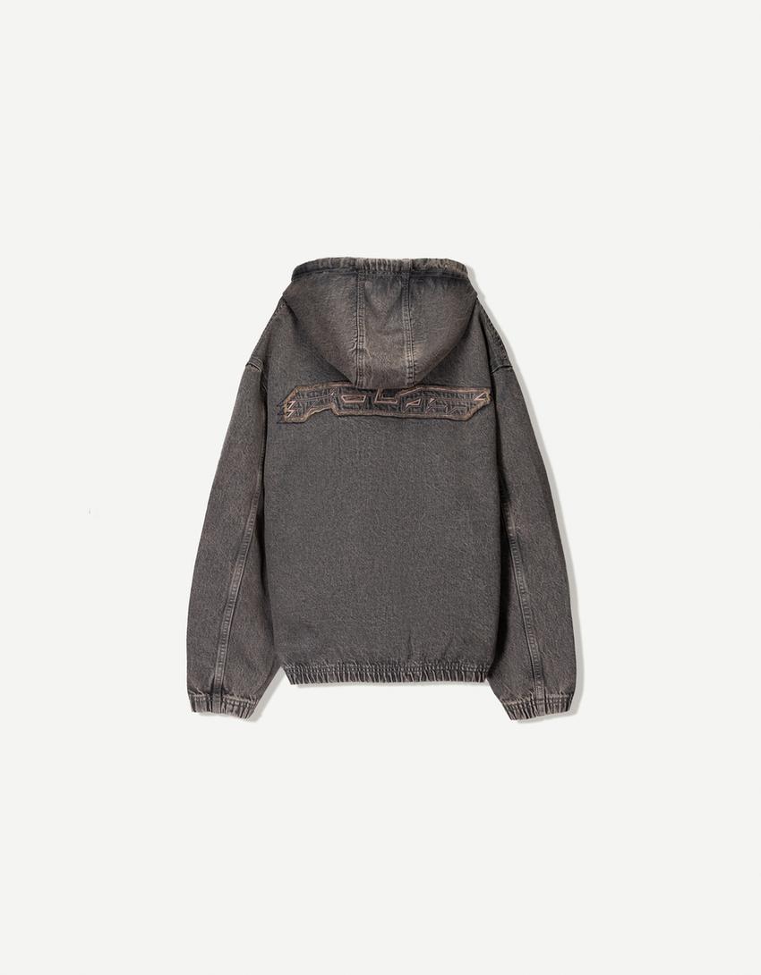 Hooded denim jacket with patches-Brown-4