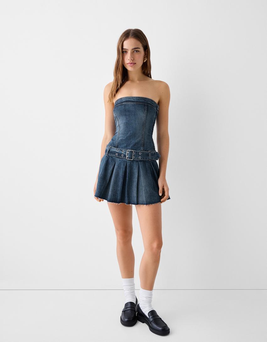 Denim bandeau mini dress with belt - Women | Bershka Denim bandeau mini dress with belt - Women | Bershka