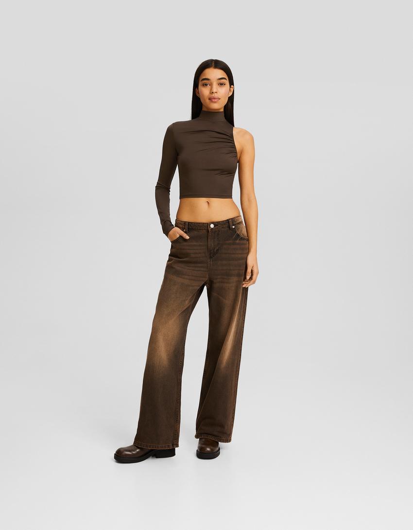 تيشرت بزمة غير متماثل وبأكمام طويلة-بني-3