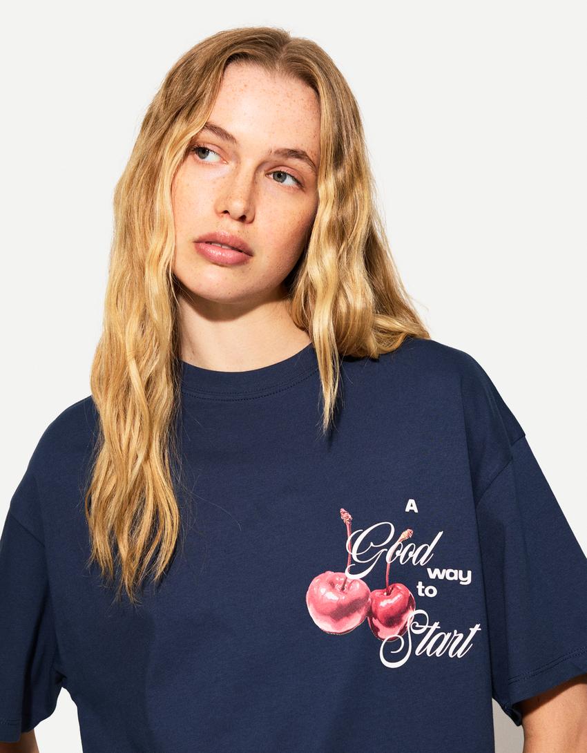 Printed short sleeve oversize T-shirt-Navy-1