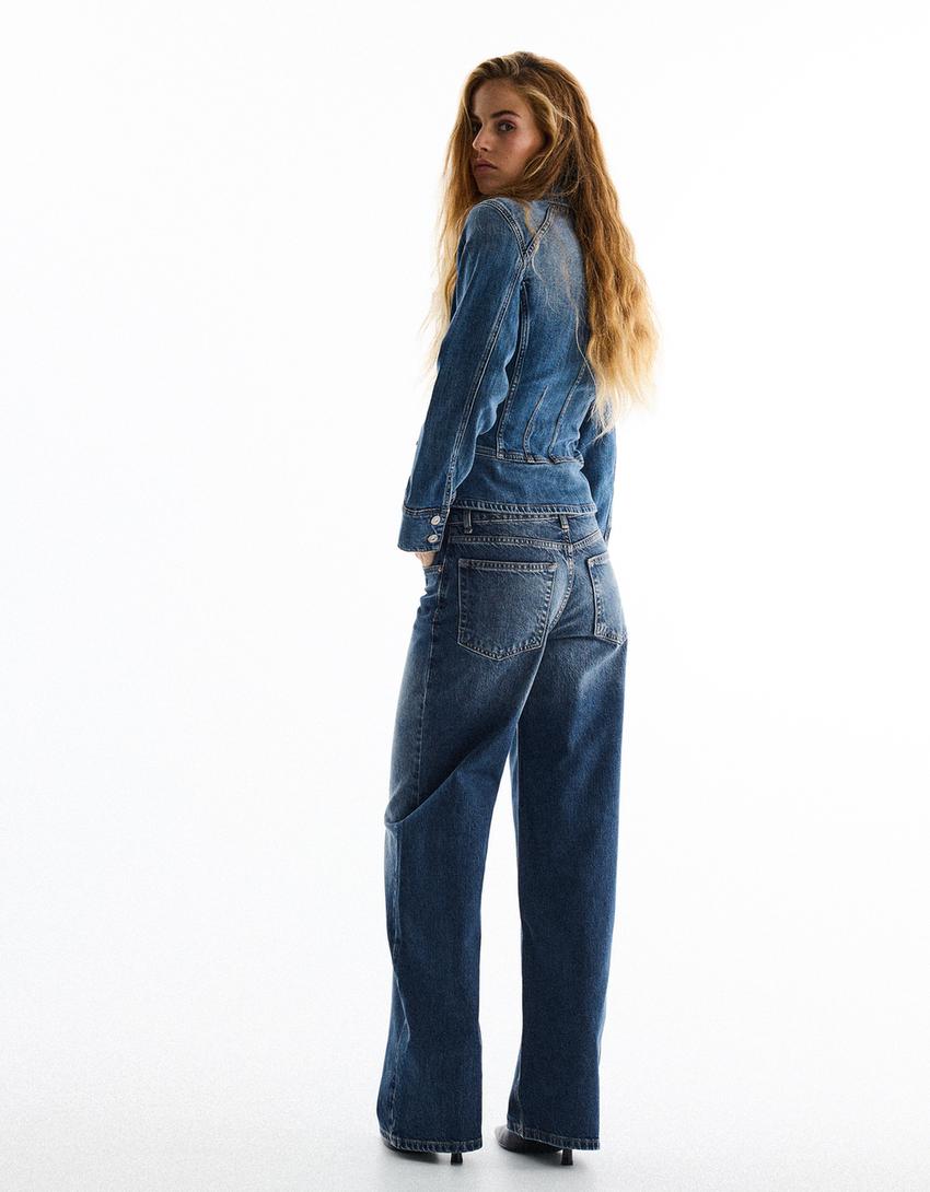 Geniş paça yüksek bel vintage yıkamalı jean-Mavi