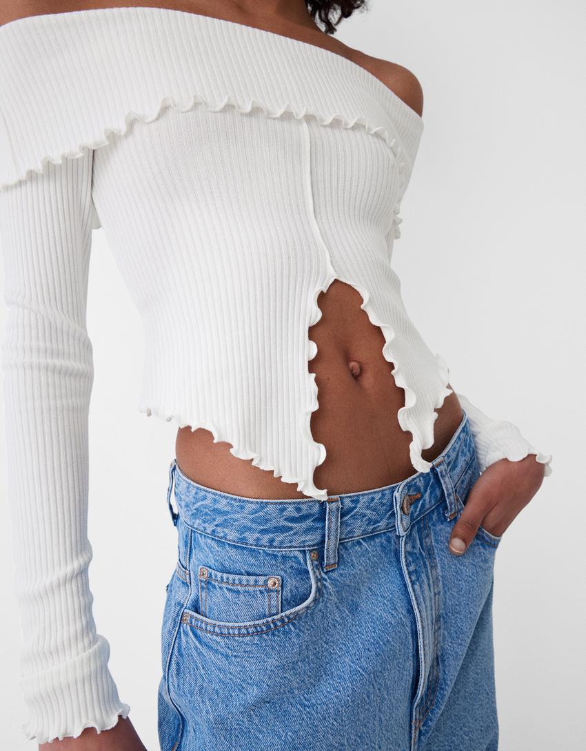 سويتر بياقة باردو وأكمام طويلة-أبيض مطفي-2