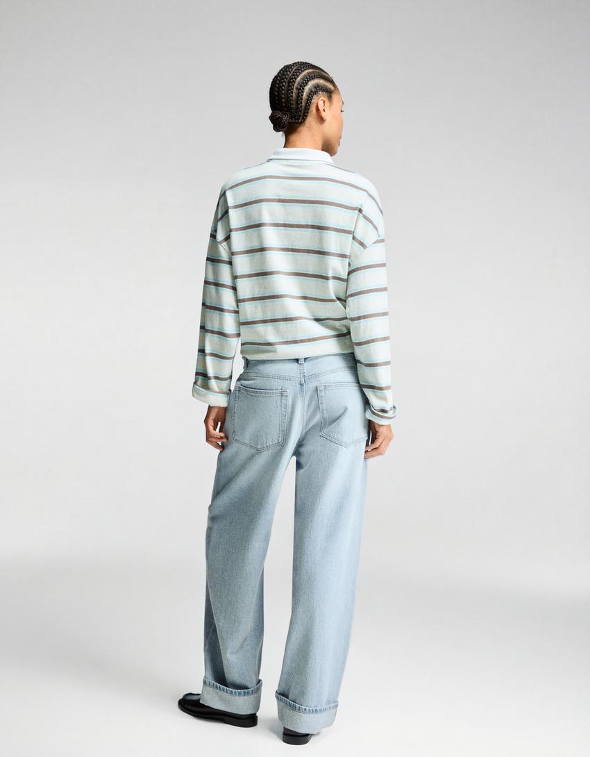 Jeans baggy low-rise model roll-up-Biru muda