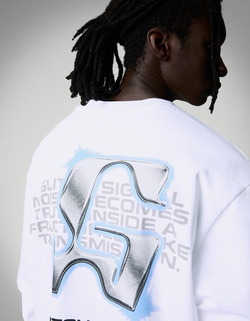 T-Shirt mit kurzen Ärmeln und Print-Grbrochenes Weiss