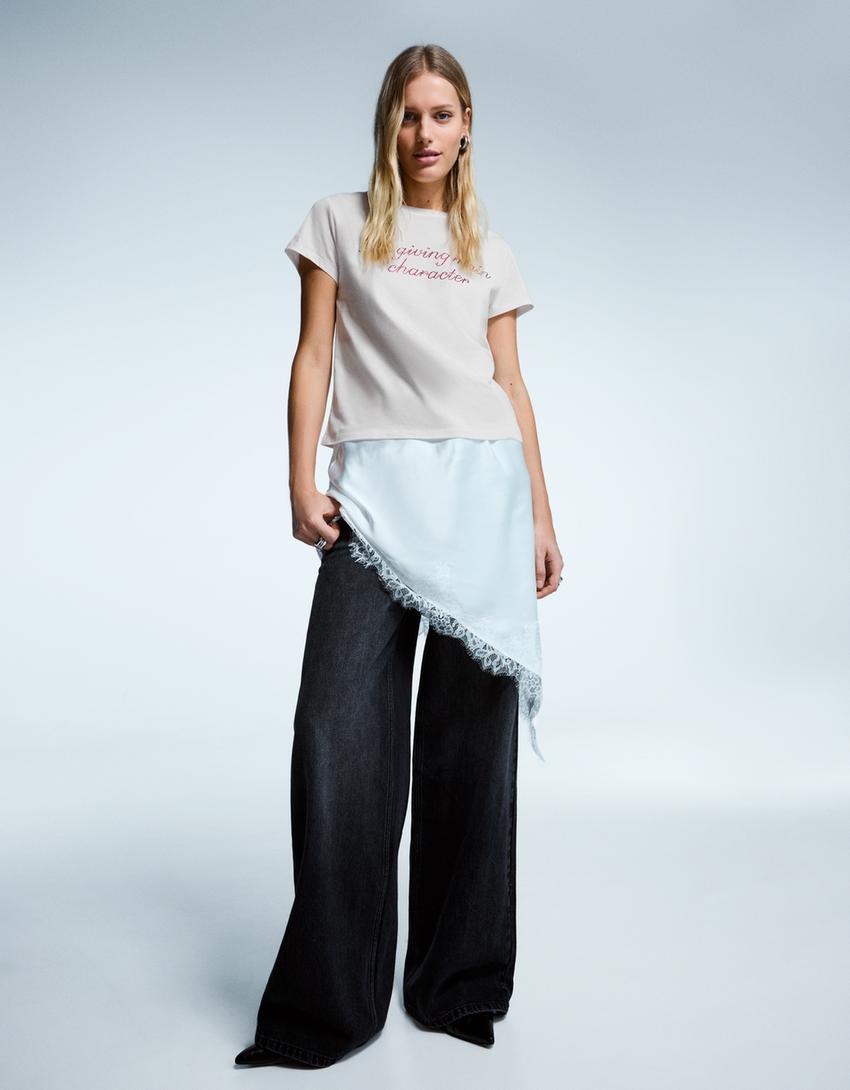 T-shirt à manches courtes imprimé strass-Blanc cassé