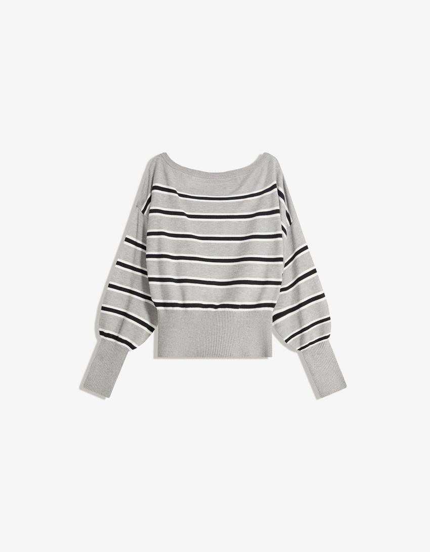 Asymmetric sweater with ribbed hem-Grey