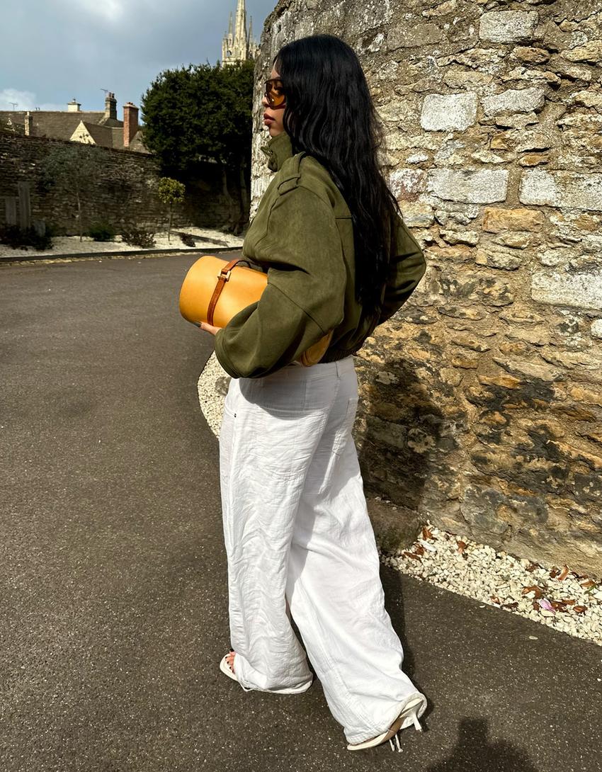 Düşük bel geniş paça balloon fit jean-Krem