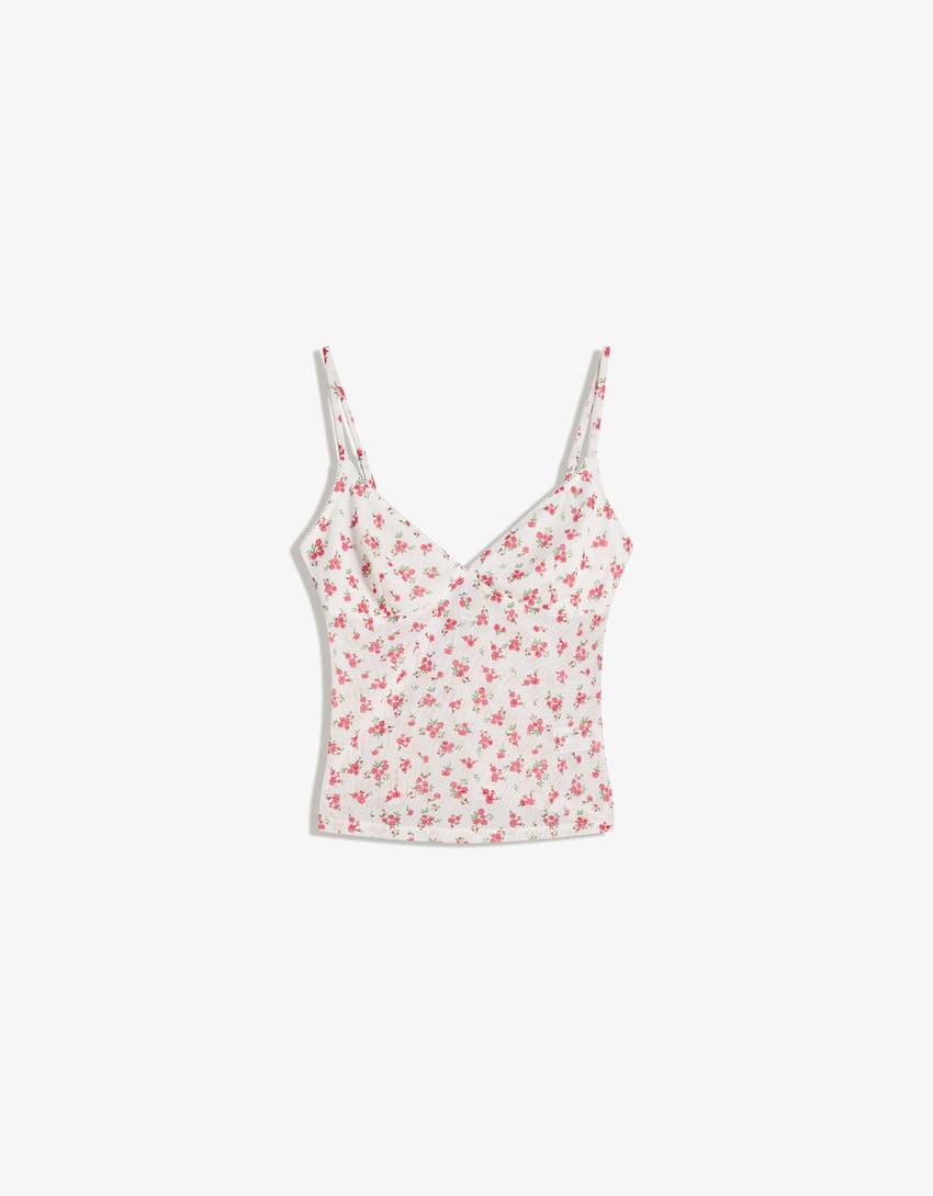 Printed mesh strappy top-Cream